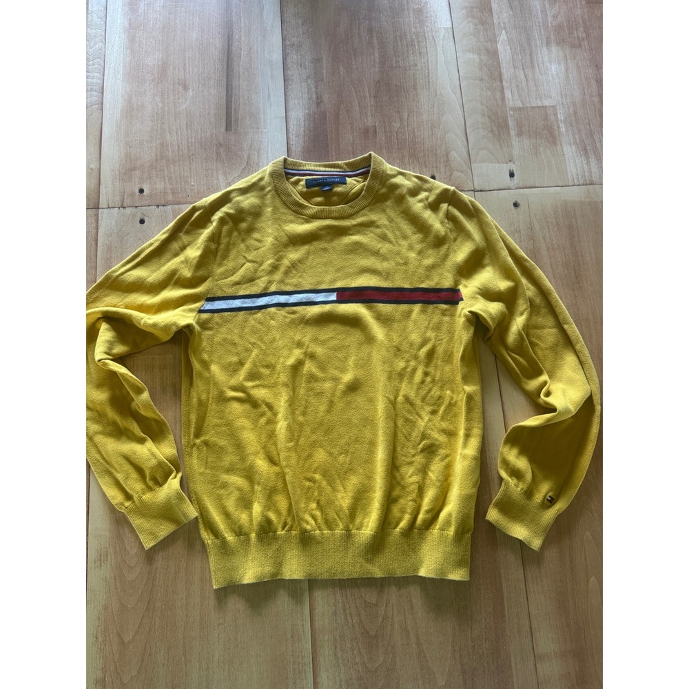 Tommy Hilfiger Womens XS Mustardโ Yellow Cotton Chest Stripe Crewneck Sweater